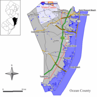 Map of Vista Center highlighted within Ocean County. Inset: Location of Ocean County in New Jersey.