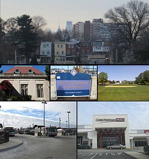 From top L-R, Center City Philadelphia skyline from Cheltenham Avenue, Curtis Hall, Cheltenham Township welcome sign, Cheltenham High School, SEPTA City buses waiting at the Cheltenham & Ogontz Loop, Cheltenham Mall