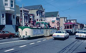 1983 SF Historic Trolley Festival - Blackpool "boat" 226 passing Muni car 1 on 17th St.jpg
