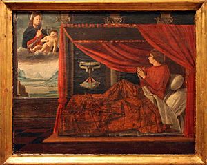 Pittore lombardo, ludovico il moro a letto invoca la madonna col bambino, 1490 ca.