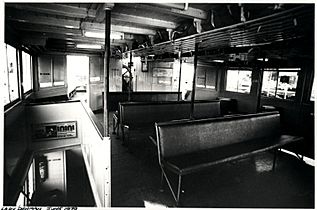 Sydney ferry LADY DENMAN upper saloon and wheel house interior June 1979