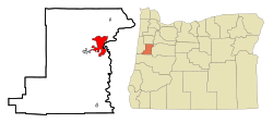 Location of Corvallis within Benton County (left) and Benton County within Oregon (right)