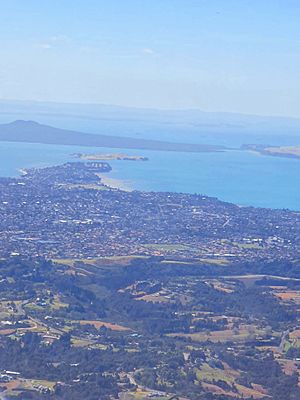 An aerial view of some of the suburbs traditionally considered East Auckland, including Bucklands Beach, Howick and Botany Downs.