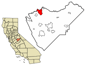 Location of Greeley Hill in Mariposa County, California.