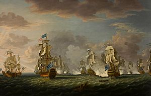 an oil painting showing several 18th-century warships fighting. The British flagship, HMS Namur
