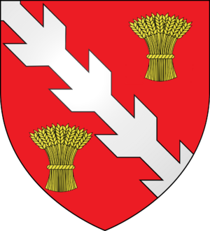 Arms of William Walworth - Gules, a bend raguly argent between two garbs or (fixed).png