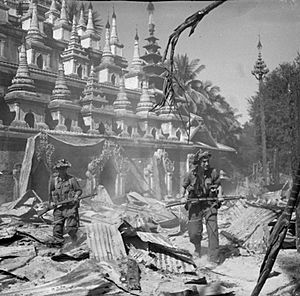 British soldiers patrol Burmese town Bahe