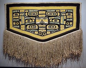 Ceremonial cape, Tlingit people, Chilkat clan, northwest coast of North America, 1850-1900 AD, cedar bark, mountain goat hair, sheep's wool, view 1 - Textile Museum, George Washington University - DSC09926