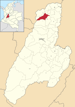 Location of the municipality and town of Villahermosa, Tolima in the Tolima Department of Colombia.