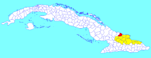 Gibara municipality (red) within  Holguín Province (yellow) and Cuba