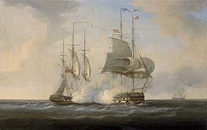 The gallant encounter between H.M.S. Boadicea and two French warships Le Duquay-Trouin and Guerriére on 31st August 1803 CSK 2002