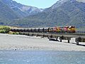 Two DXC class locomotives crossing the Waimakariri River bridge