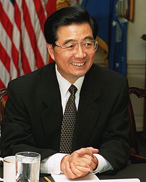 Hu Jintao during a defense meeting held at the Pentagon, May 2002, cropped