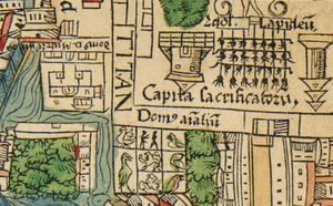 Sitio del Totocalli y el palacio de Moctezuma II en el mapa te Tenochtitlán de Hernán Cortés (1524)