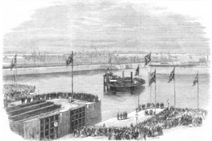 The Duke of Edinburgh opening the new entrance to the Great Northern Docks at Birkenhead, 1866