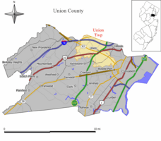 Map of Union Township in Union County. Inset: Location of Union County highlighted in the State of New Jersey.
