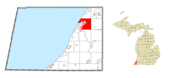 Location within Berrien County (red) and the administered communities of Benton Heights and Fair Plain (pink)