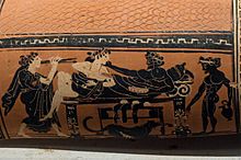 Black figure epinetron, symposion scene, AM of Corinth, 202835x