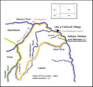Arikara, Hidatsa and Mandan territory, 1851. Like a Fishhook Village, Fort Berthold I and II and Fort Buford