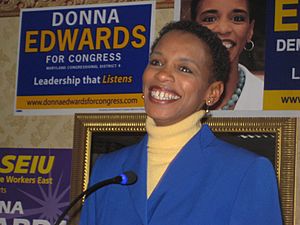 Donna Edwards at victory rally, February 13, 2008
