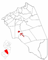 Medford Lakes highlighted in Burlington County. Inset map: Burlington County highlighted in the State of New Jersey.