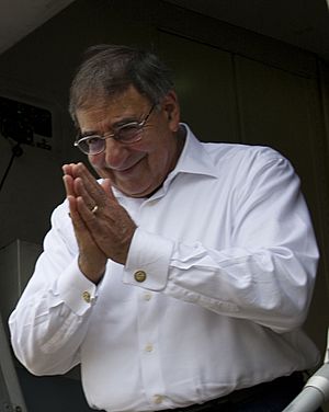 Praying hands in 2012 detail, Secretary of Defense Leon E. Panetta gives the traditional Cambodian thank you from the steps of his aircraft before departing Siem Reap, Cambodia, on Nov 121116-D-BW835-927 (cropped)
