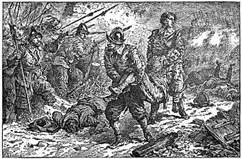 02 Malcolm's courage and humanity at the battle of Schiefelbrune-Illust by Johan Schonberg for Lion of the North by G A Henty