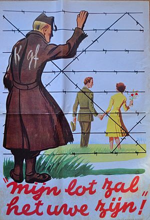 Belgische Propaganda Poster over Koning Leopold III Met het opschrift "Mijn Lot Zal Het Uwe Zijn" uitgegeven in 1950 in het kader van de Koningskwestie