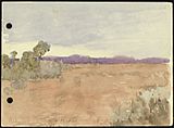 Landscape with purple hills in distance, scrubby vegetation on left and lower right foreground