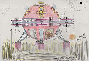 Colour sketch of a spaceship creating crop circles