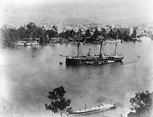 StateLibQld 1 102640 Ships at anchor in the Brisbane River, including the Royal Navy sloop, Egeria