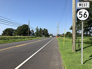 2018-08-08 10 15 52 View west along New Jersey State Route 56 (Vineland-Bridgeton Pike-Landis Avenue) at Cumberland County Route 553 (Woodruff Road-Finley Road) in Upper Deerfield Township, Cumberland County, New Jersey