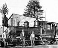 Frank Nake, Warren Beck, Jimmie Mack and Earl Hawk with Engine No. 3 at the Nevada City depot of Nevada County Narrow Gauge Railroad in 1913. Searls Library