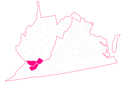 Geographical boundary of the Pocahontas Coalfield (in pink) comprising Tazewell County Virginia, McDowell County West Virginia and Mercer County West Virginia