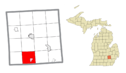 Location within Livingston County (red) and the administered village of Pinckney (pink)