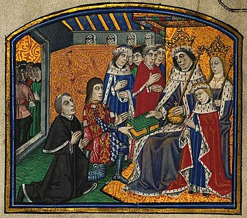 Rivers & Caxton Presenting book to Edward IV