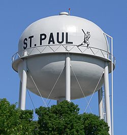 St. Paul water tower, with image of baseball player Grover Cleveland Alexander