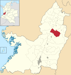 Location of the municipality and town of Bugalagrande in the Valle del Cauca Department of Colombia.