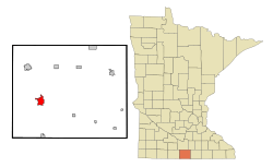 Location of the city of Blue Earthwithin Faribault County and state of Minnesota