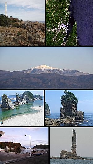 Top left: Cape of Dodo and lighthouse, Top right: Miyako Bay from satellite, 2nd row: Mount Hayachine, lower left: Jyodo Beach, lower right: Rock of Sano, Bottom left: Tago Port, Bottom right: Rock of Rosoku (Candle)
