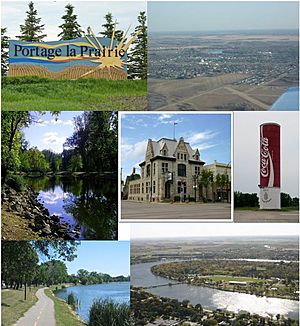 Clockwise from top left to centre: City Welcome Sign, Aerial View of Portage la Prairie, World's Largest Coca-Cola Can, Birds' Eye View of Crescent Lake and Island Park, Waterfront Active Transport Route, Island Park, City Hall