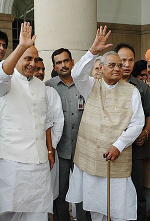 Atal Bihari Bajpayee and the BJP President, Shri Rajnath Singh coming out from the polling booth after casting their vote for the Presidential election at Parliament House, in New Delhi on July 19, 2007