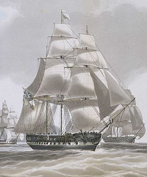 HM Frigate Ariadne leaving St Helena, in July 1830 escorting HEIC ships RMG PY8462 (cropped)