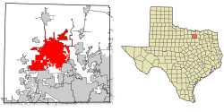 A map showing the state of Texas divided into counties. Denton County is located in north-eastern Texas, two counties south of the Oklahoma–Texas border.
