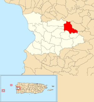 Location of Río Cañas Arriba within the municipality of Mayagüez shown in red