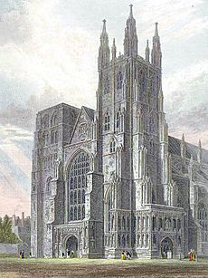 Canterbury Cathedral, view of the Western Towers engraved by J.LeKeux after a picture by G.Cattermole, 1821 edited