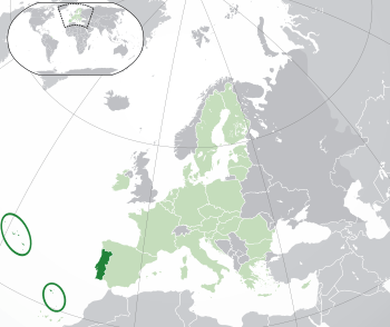 Location of  Portugal  (dark green)– on the European continent  (green & dark grey)– in the European Union  (green)  —  [Legend]