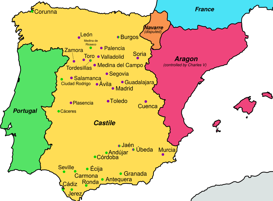 Map of Spain with cities colored by affiliation; see text for details.