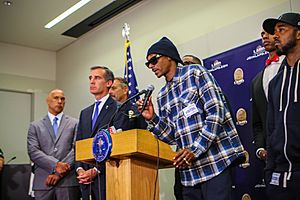 Snoop Dogg speaking at press conference