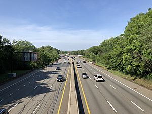 2021-06-05 16 45 24 View north along New Jersey State Route 444 (Garden State Parkway) from the overpass for Essex County Route 506 (Belleville Avenue) in Bloomfield Township, Essex County, New Jersey